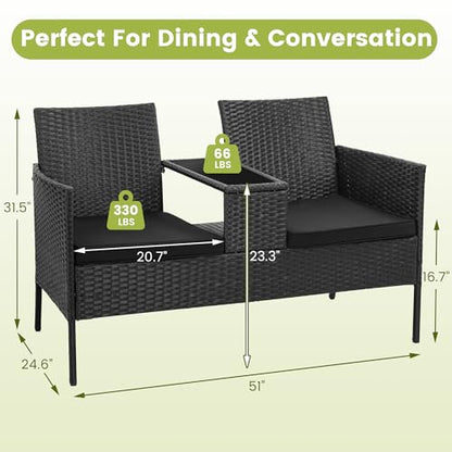 Kromax Wicker 2 Seat Patio Loveseat, Outdoor Rattan Loveseat with Table