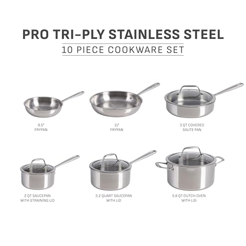 T-fal Pro Tri-Ply Stainless Steel Cookware Set, 10 Piece-Induction Compatible, Oven Safe 500F, Lids-350F, Even Heat, Professional Quality, Durable, Induction Pots and Pans Set, Silver