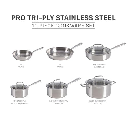 T-fal Pro Tri-Ply Stainless Steel Cookware Set, 10 Piece-Induction Compatible, Oven Safe 500F, Lids-350F, Even Heat, Professional Quality, Durable, Induction Pots and Pans Set, Silver