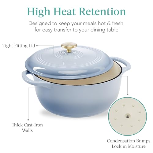 Best Choice Products 6 Quart Enamel Cast-Iron Round Dutch Oven, Family Style Heavy-Duty Pre-Seasoned Cookware for Home, Kitchen, Dining Room, Oven Safe w/Lid, Dual Handles - Cornflower Blue