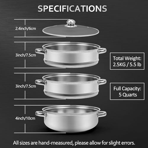 AuFranc® 5 Quart Steamer for Cooking - Stainless Steel Steam Pot with Steamer Basket, Multipurpose Cooking Stock Pot with Tempered Glass Lid, Non-Toxic Cookware for Slow Cooking and Steaming (Silver)