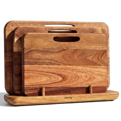 SMIRLY Wooden Cutting Boards for Kitchen, Double-Sided Cutting Board with Handle, Heavy Duty Solid Acacia Wood Cutting Board Set with Stand, 3 Pcs Cutting Boards Non Toxic for Meat Vegetable Fruit