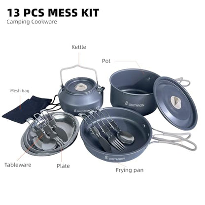 DINITHRON 13-Piece Camping Cookware Set with Anti-Scald Silicone Handles, Lightweight Non-Stick Aluminum Pots and Pans, Compact Mess Kit for Backpacking & Survival