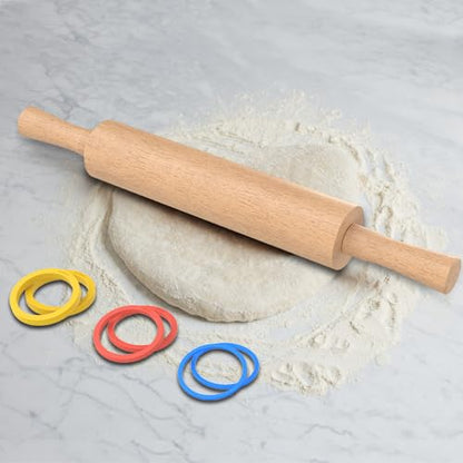 Mepple Classic Wooden Rolling Pin with Handle for Fondant, Pizza, Pies, Cookies, Pastries, Rolling Pin for Baking with 3 Multi-Color Thickness Rings, 17"x2.5" (Include handle) Beechwood Rolling Pin