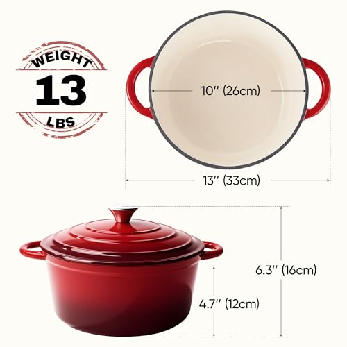 6 Quart Dutch Oven Pot with Lid, Non Stick Enameled Cast Iron Dutch Oven for Bread Baking, Heavy-Duty, Oven Safe Ceramic Cookware Up to 500°F for Baking, Braising, Stews, Roasting, Red