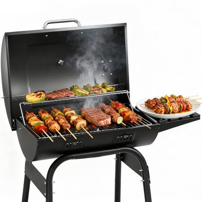 Outvita Barrel BBQ Charcoal Grill with Warming Rack & Dual Prep Table Black