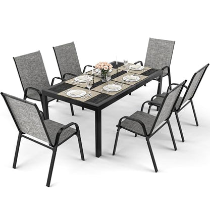 Pamapic Outdoor Dining Sets for 6, Rectangular Steel Slat Table with 6 Textilene Chairs, 7 Piece Patio Table and Chairs Set with Umbrella Hole for Patio, Backyard, Poolside (Grey, No Umbrella)