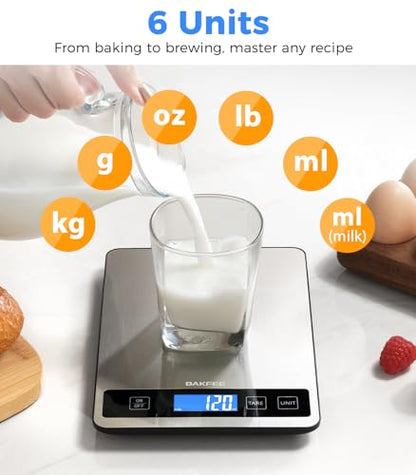 BakFee Food Scale - 15kg/33lb Rechargeable Digital Kitchen Scale with Full-View LCD Display, Grams and Ounces, Type-C or Batteries, Easy Clean Stainless Steel, for Baking, Cooking & Meal Prep, Black