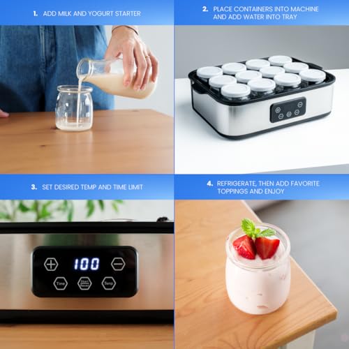 Collier Kitchen Automatic Yogurt Maker | 12 Glass Jars 180ml, Digital Timer & Temp Control | Stainless Steel Greek Yogurt Machine with Auto Shut-Off for Homemade Healthy Probiotic Snacks