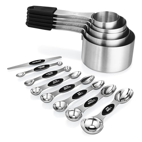 Magnetic Measuring cups and spoons Set, 5 Stainless Steel Magnetic Measuring Cup and 8 Double Sided Measuring Spoons with 1 Leveler，Kitchen Gadgets for Cooking & Baking