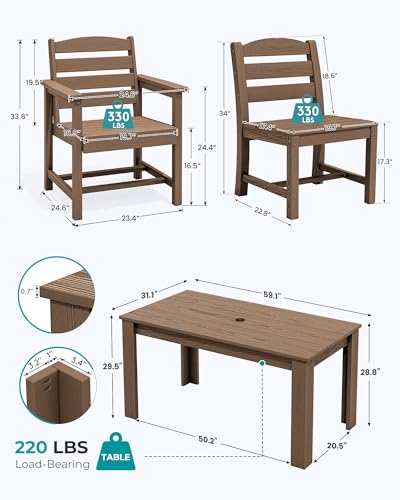 SERWALL Outdoor Dining Sets for 6, HDPE Dining Sets with 1 Umbrella Hole Cut-Out Rectangular Table and 4 Armless Chairs and 2 Armchairs, Patio Dining Sets, Brown