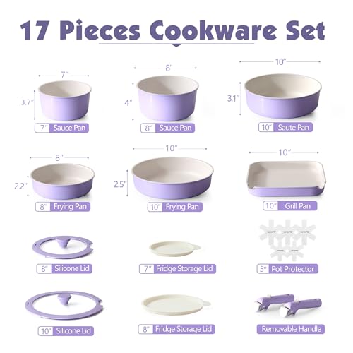 SENSARTE 17 Piece Ceramic Pots and Pans Set, Nonstick Detachable Handle Cookware, Induction Kitchen Cookware Set with Removable Handle, Dishwasher ＆ Oven Safe (Purple)