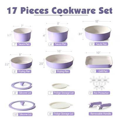 SENSARTE 17 Piece Ceramic Pots and Pans Set, Nonstick Detachable Handle Cookware, Induction Kitchen Cookware Set with Removable Handle, Dishwasher ＆ Oven Safe (Purple)