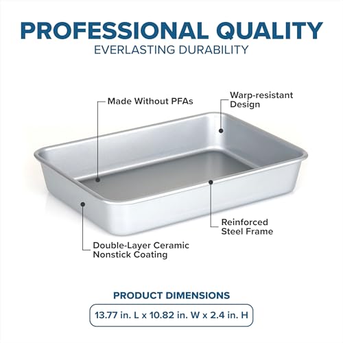 Viking Premium 13 x 9-Inch Nonstick Ceramic Roasting Pan, Made without PFAS, Heavy Gauge Aluminized Steel Baking Pan Sheet with Reinforced Iron Frame, Even Heating Cookware, Oven Safe to 475F, Silver
