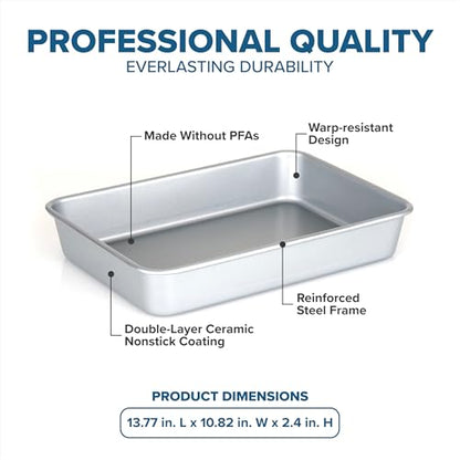 Viking Premium 13 x 9-Inch Nonstick Ceramic Roasting Pan, Made without PFAS, Heavy Gauge Aluminized Steel Baking Pan Sheet with Reinforced Iron Frame, Even Heating Cookware, Oven Safe to 475F, Silver