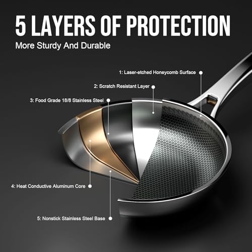 EvoFar 10 Inch Hybrid Nonstick Frying Pan, Stainless Steel Pan Non Stick Skillet, PFOA Free Cookware, Non Toxic Chef's Pan, Compatible with Electric, Gas and Induction, with Lid