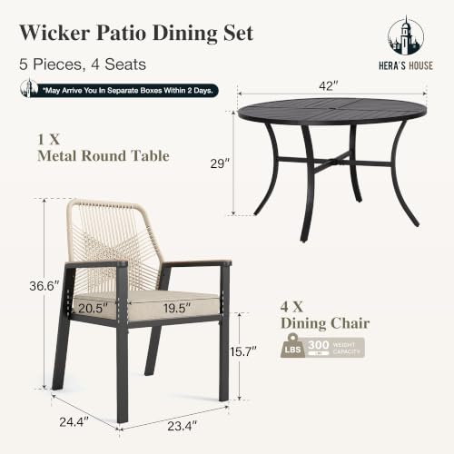 HERA'S HOUSE 5pc Patio Dining Set, 42" Round Table & 4 Rattan Chairs