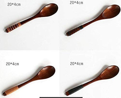 4pc-Handmade Japanese Style Wooden Soup Spoons with Tied Line on Handle