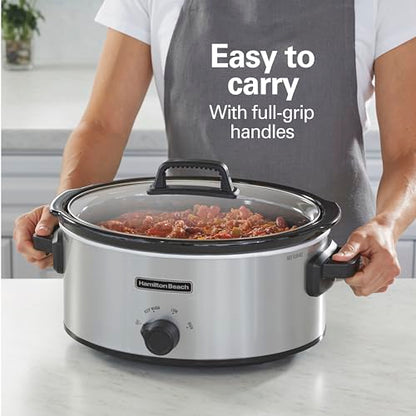 Hamilton Beach 6-Quart Slow Cooker with 3 Cooking Settings, Dishwasher-Safe Stoneware Crock & Glass Lid, Silver (33665G)