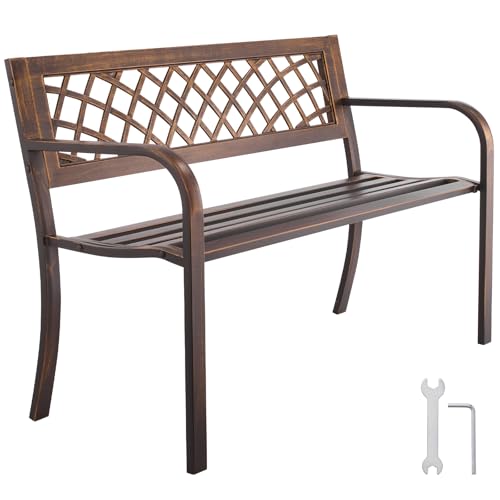 VEVOR Outdoor Bench, 46 inch, Carbon Steel Metal Frame with PVC Mesh Pattern Backrest and Round Edge Armrests, Weatherproof Outside Bench for Patio, Garden, Park, Yard, Front Porch, Antique Bronze