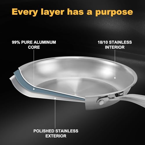 Ranbomer Tri-Ply Stainless Steel Frying Pan 10 Inch，Non-Toxic PFAS, PFOA & PTFE Free, Compatible With All Cooktops & Induction Safe, Oven Safe Pan for Searing & Sautéing.