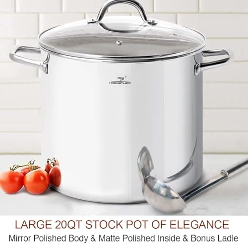 HOMICHEF Commercial Grade LARGE STOCK POT 20 Quart With Lid - Nickel Free Stainless Steel Cookware - Healthy Polished Stockpots - Heavy Duty Induction Soup Pot