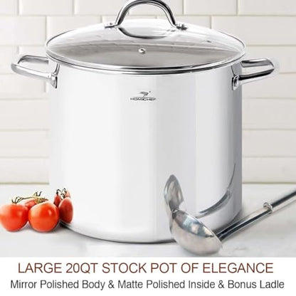 HOMICHEF Commercial Grade LARGE STOCK POT 20 Quart With Lid - Nickel Free Stainless Steel Cookware - Healthy Polished Stockpots - Heavy Duty Induction Soup Pot