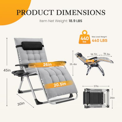 NEWBULIG Zero Gravity Chair, Folding Patio Recliner with Cup Holder Trays
