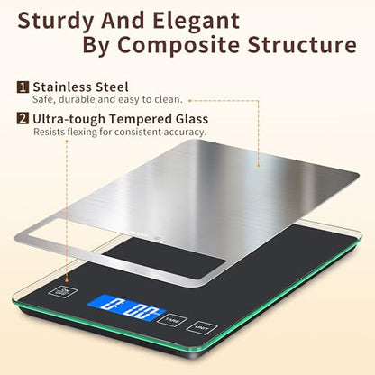 BakFee Food Scale, 33lb Digital Kitchen Scale with Stainless Steel & Tempered Glass, USB Rechargeable, 1g/0.05oz Precise Weighing, Splash-Resistant and Sturdy Surface, for Cooking, Baking, Weight Loss