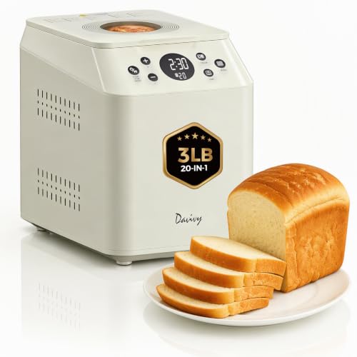 Davivy 3 LB Bread Maker, 20-in-1 Automatic Bread Machine with Ceramic Pan & Auto Fruit Nut Dispenser, Quiet Motor, Dual Heaters, 15H Delay Timer, for Large Family