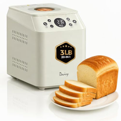 Davivy 3 LB Bread Maker, 20-in-1 Automatic Bread Machine with Ceramic Pan & Auto Fruit Nut Dispenser, Quiet Motor, Dual Heaters, 15H Delay Timer, for Large Family