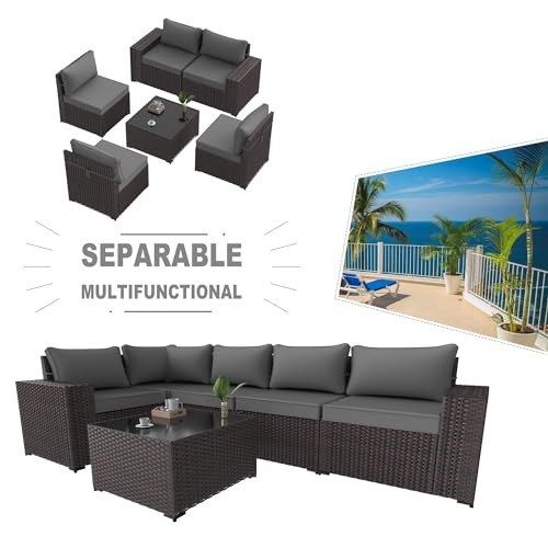 Kullavik 6PCS Outdoor Patio Furniture Set PE Wicker Rattan Sectional Sofa Patio Conversation Sets,Grey