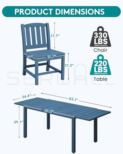SERWALL 10-Piece Patio Dining Sets with 15FT Patio Umbrella, 60" - 83" Expandable Outdoor Dining Table and 8 HDPE Chairs, All Weather HDPE Outdoor Furniture Set, Blue (Umbreall Base not Included)