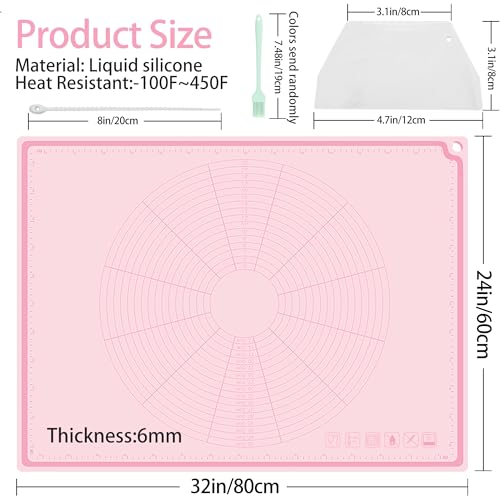Silicone Baking Mat 32" x 24", Extra Thick Non-stick Pastry Mat with Measurements and Edge Heightening, Food Grade Silicone for Countertop Dough Rolling(With Dough Scraper/Pastry Brush/Cable Tie)