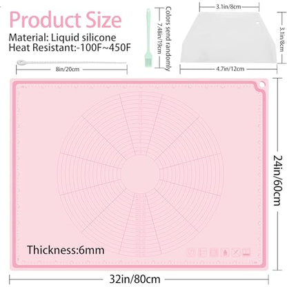 Silicone Baking Mat 32" x 24", Extra Thick Non-stick Pastry Mat with Measurements and Edge Heightening, Food Grade Silicone for Countertop Dough Rolling(With Dough Scraper/Pastry Brush/Cable Tie)