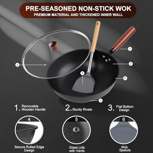 13" Nonstick Wok - Wok Pan with Glass Cover, Carbon Steel Woks & Stir-Fry Pans: Flat Bottom Chinese woks for Electric, Induction, Gas, All Stoves