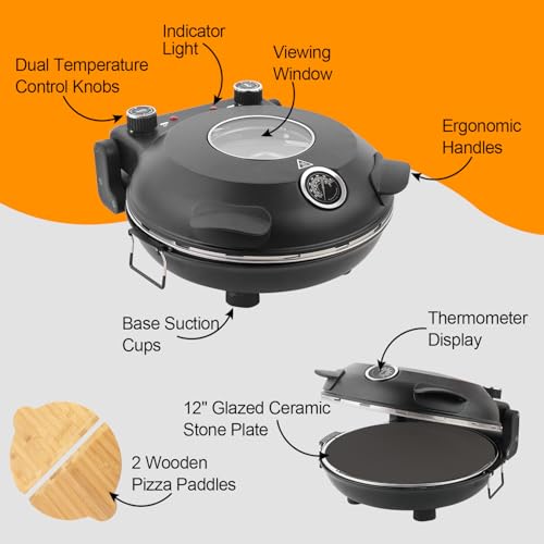 ECUMFFY Pizza Oven Indoor, 12 Inch Retro Pizza Maker, Rapid Heating 800˚F, 1200W Glazed Ceramic Stone Electric Pizza Cooker, Two-button Precise Temperature Control, Viewing Window for Precise Cooking