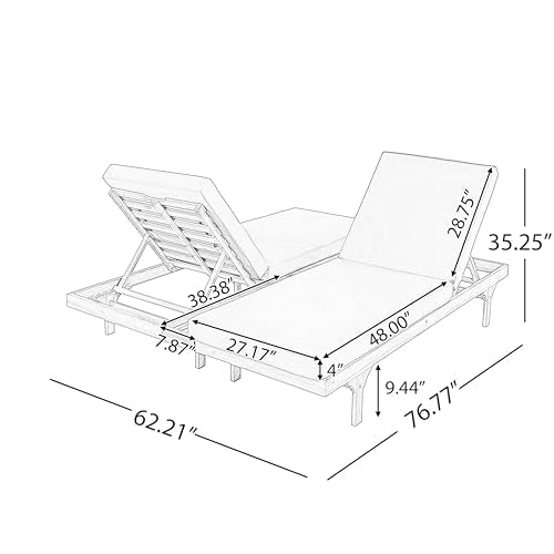 Christopher Knight Home Acacia Wood Chaise Lounge Chair Set of 2, Double/Single Outdoor Sunbathing Pool Lounger with 4'' Cushion, Patio Wooden Adjustable Backrest Lounge Sofa, Teak+Cream