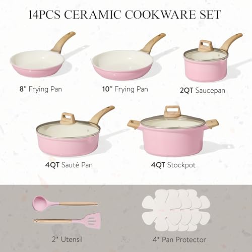 CAROTE Ceramic Cookware Set, 14 PCS Pots and Pans Set Non Stick, Pot and Pan Set with Frying pan, Induction Ready Cooking Set for Kitchen, PFOS/PFOA/PFAS Free, Pink