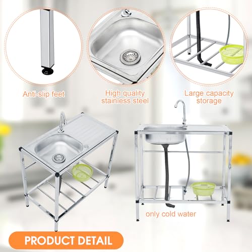 Tandefio Freestanding Outdoor Kitchen Utility Sink Set Stainless Steel Single Bowl Sink Portable Commercial Utility for Restaurant Cafe Bar Hotel Garage Laundry Room(Single Layer)
