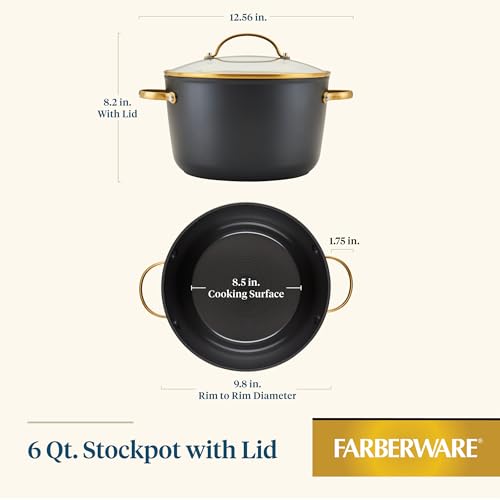 Farberware Forged Induction Ceramic Nonstick Cookware Stockpot with Lid, Dishwasher Safe, Suitable for All Stovetops, 6 Quart Soup Pot, Stockpot - Black and Gold