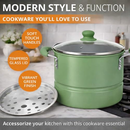 Alpine Cuisine 12-Quart Stock Pot with Lid, Aluminum Cooking Pot with Gray Ceramic Nonstick Coating for Soup, Pasta & Stews, Watercress Green