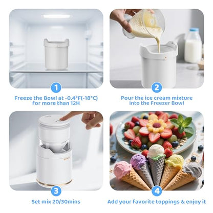 BRIOBITE Ice Cream Maker Machine,Quiet,Rechargeable,1–2 Servings,White