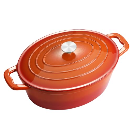 Enameled Oval Dutch Oven Pot with Lid, 8 QT Cast Iron Dutch Oven with Dual Handles for Cooking, Bread Baking, Frying, Non-stick Enamel Coated Oven (8 QT Orange)