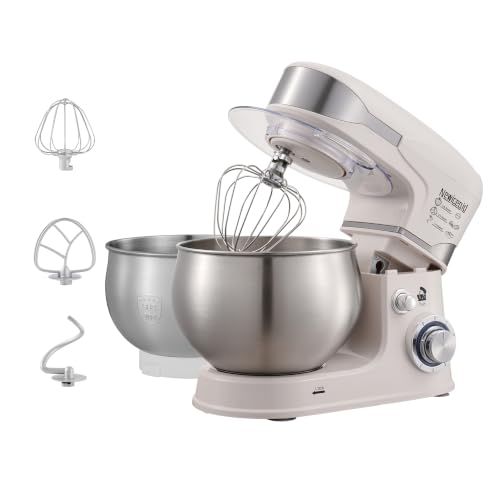 Newiceaid 6-Speed 5.3QT+3.2QT Two-Bowl Stand Mixer, Creamy White