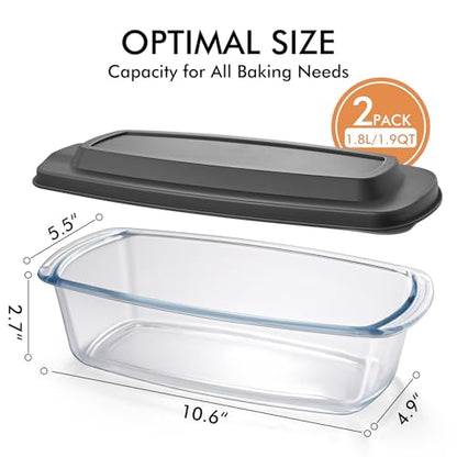 HOTEC 2-Pack LARGE 7.6 Cups/1800 ML/1.9 Qt Glass Loaf Pan, Microwave and Oven Safe - Loaf Pans For Food Storage Container, Bakeware for Bread, Lasagna, Potatoes, Meal Prep, Airtight Lid