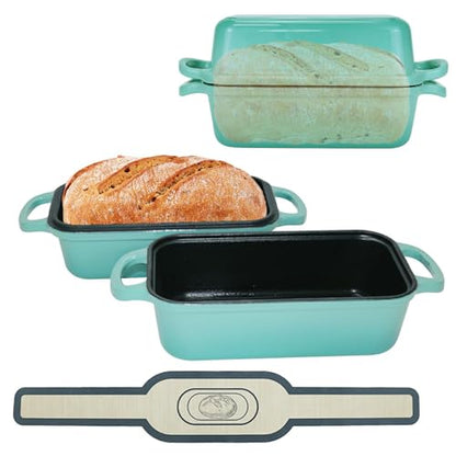 Blisswave Cast Iron Bread Pan with Lid - 2-in-1 Dual Set, Includes 2 Bread Mats - Bread Baking Pan for Homemade Bread, Cakes, Patties - Even Heating - 2-Piece Set (Lake Blue)