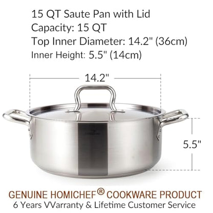 HOMICHEF 15 Quart LARGE Stainless Steel Braiser Pan with Lid - Commercial Grade NICKEL FREE Stainless Steel Healthy Braiser Pot 15 QT - Matte Polished Braising Pan Large