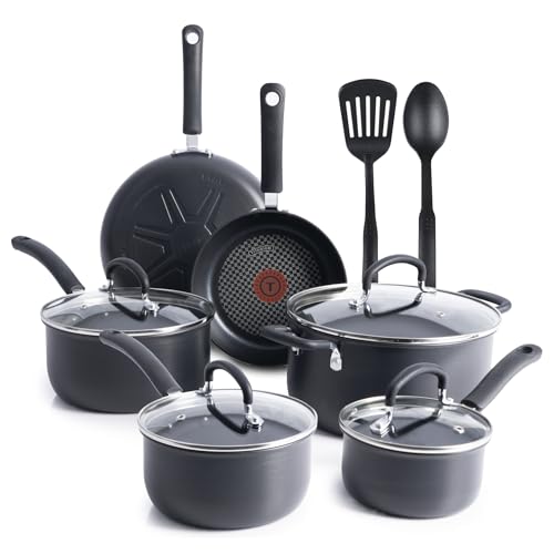 T-fal Ultimate Hard Anodized Nonstick Cookware Set 12 Piece, Oven Broiler Safe 400F, Lid Safe 350F, Kitchen Cooking Set w/Fry Pans, Saucepans, Dutch Oven, Pots and Pans, Dishwasher Safe, Onyx