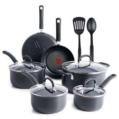 T-fal Ultimate Hard Anodized Nonstick Cookware Set 12 Piece, Oven Broiler Safe 400F, Lid Safe 350F, Kitchen Cooking Set w/Fry Pans, Saucepans, Dutch Oven, Pots and Pans, Dishwasher Safe, Onyx